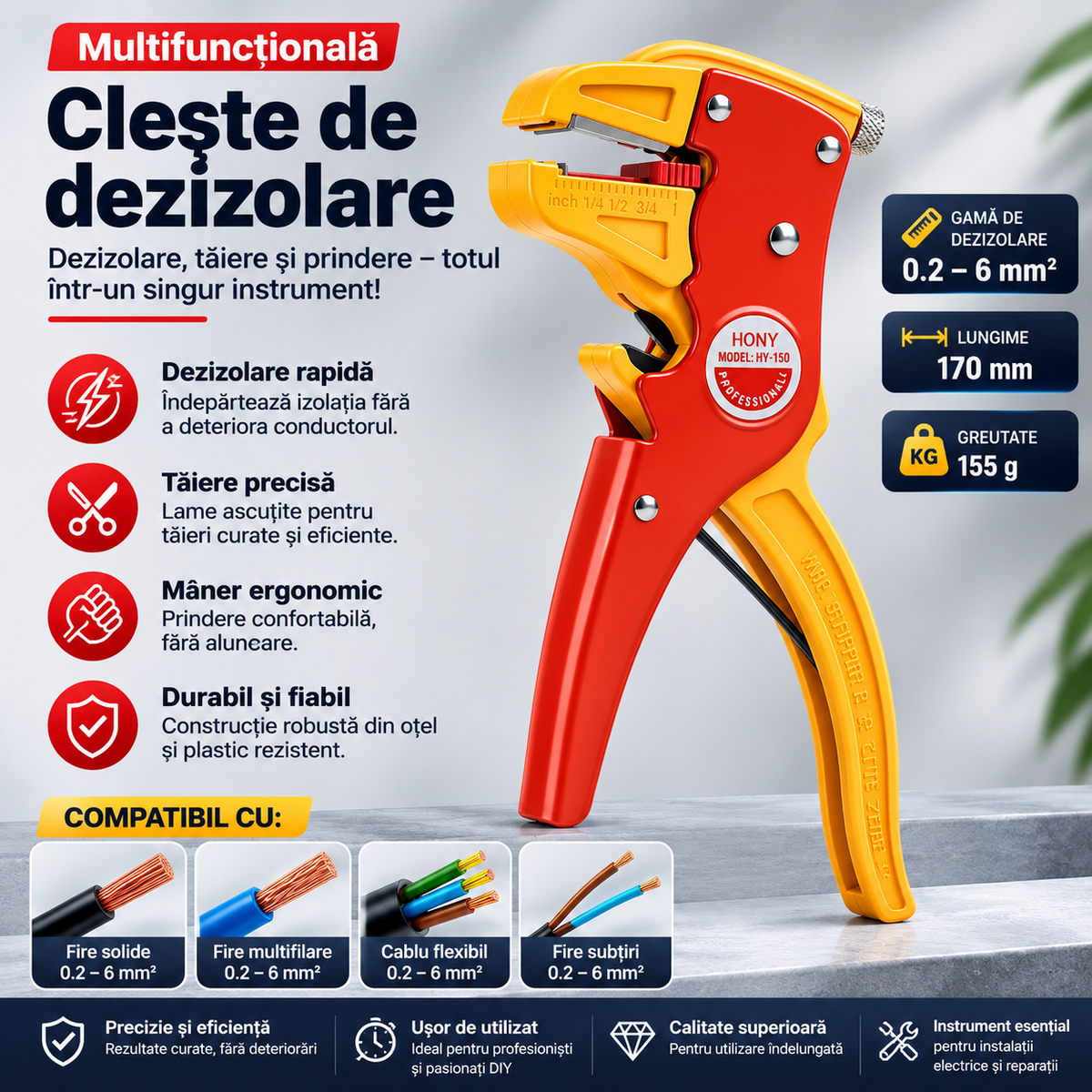 STRIPIX™ - Cleste Automat Multifunctional pentru Dezizolat si Taiat Cabluri