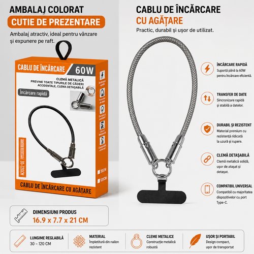ChargeLoop™ – Cablu de Incarcare 60W cu Prindere Anti-Cadere