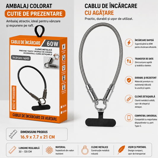 ChargeLoop™ – Cablu de Incarcare 60W cu Prindere Anti-Cadere