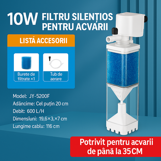 AquaSilence™ - Filtru Silentios pentru Acvariu cu Pompare si Oxigenare 10W