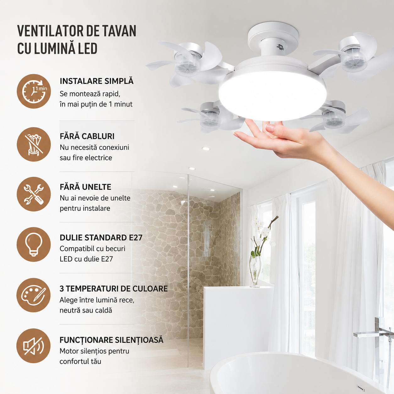 BreezeLight™ – Lustra cu ventilatoare multiple si telecomanda, compatibila cu E27