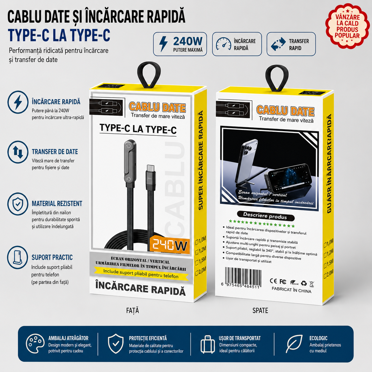 PowerStand™ – Cablu Fast Charge 240W cu Suport pentru Telefon (1.5m)