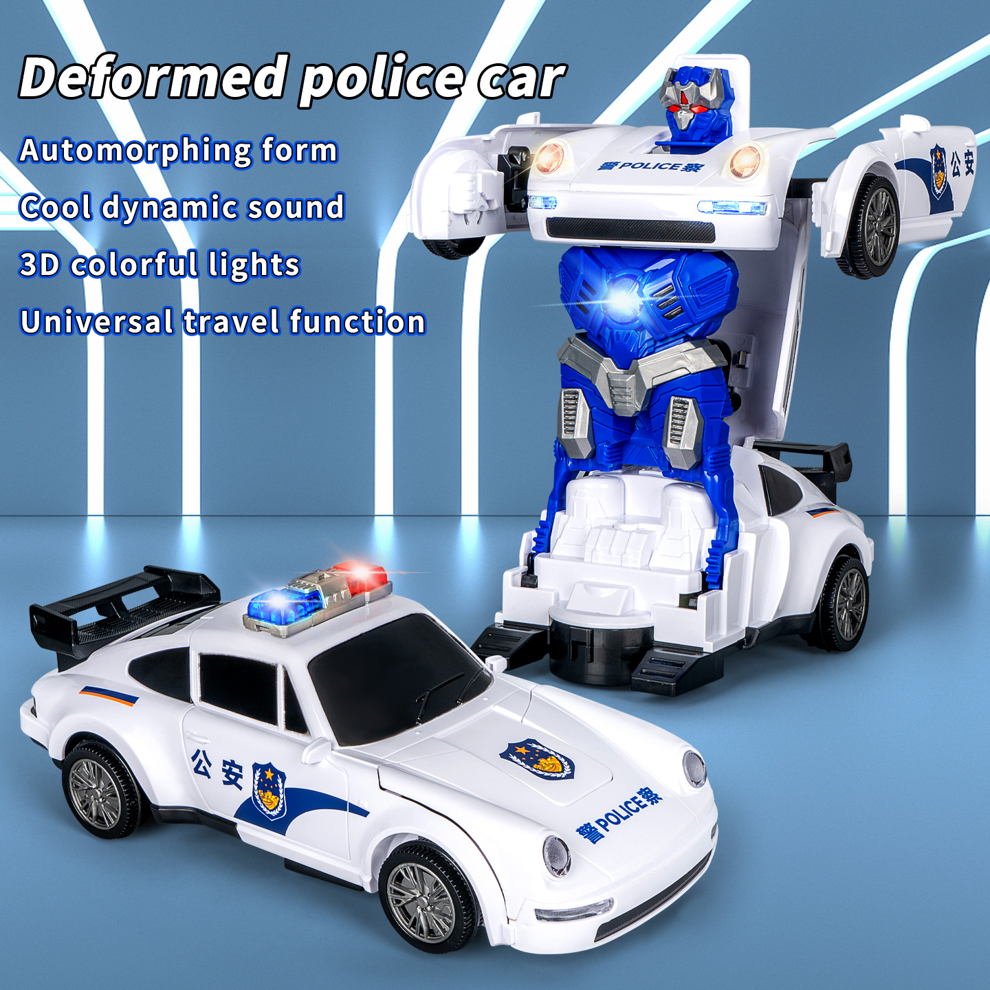 PoliceBot™ – Masina de Politie Transformabila cu Lumini, Sunete si Efect de Fum