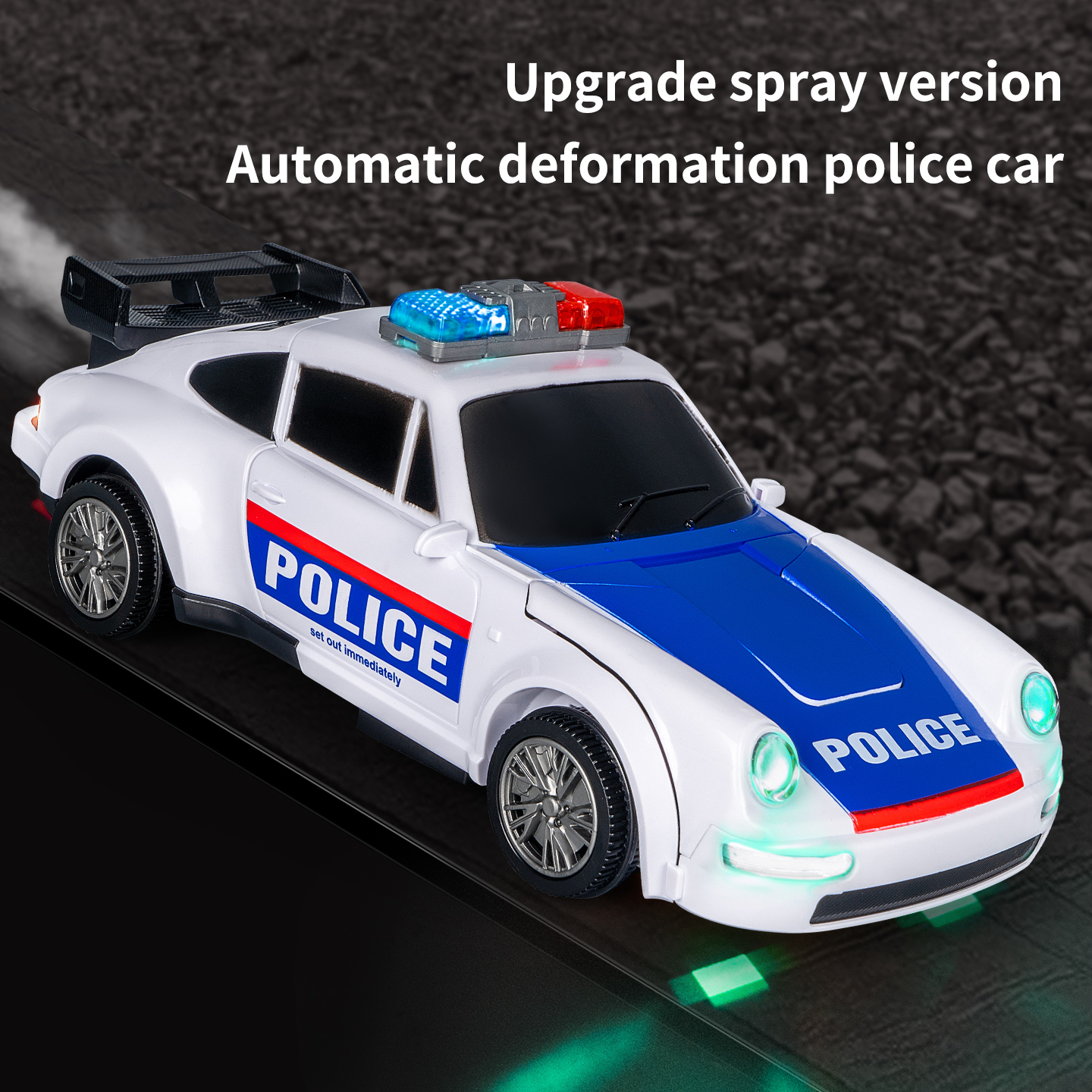 PoliceBot™ – Masina de Politie Transformabila cu Lumini, Sunete si Efect de Fum
