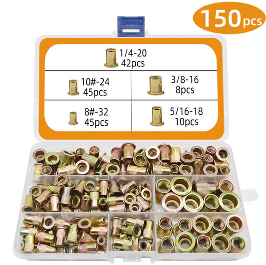 RivetMaster™ - Set 150 Buc. Piulite Nituibile Filetate, Cap Plat M3 M4 M5 M6 M8