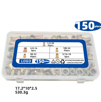 RivetMaster™ - Set 150 Buc. Piulite Nituibile Filetate, Cap Plat M3 M4 M5 M6 M8